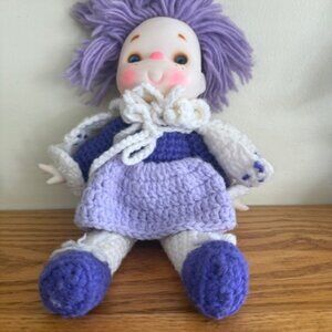 Vintage Crochet Knitted 12" Ice Cream Dolls Plastic Face Purple White Dress